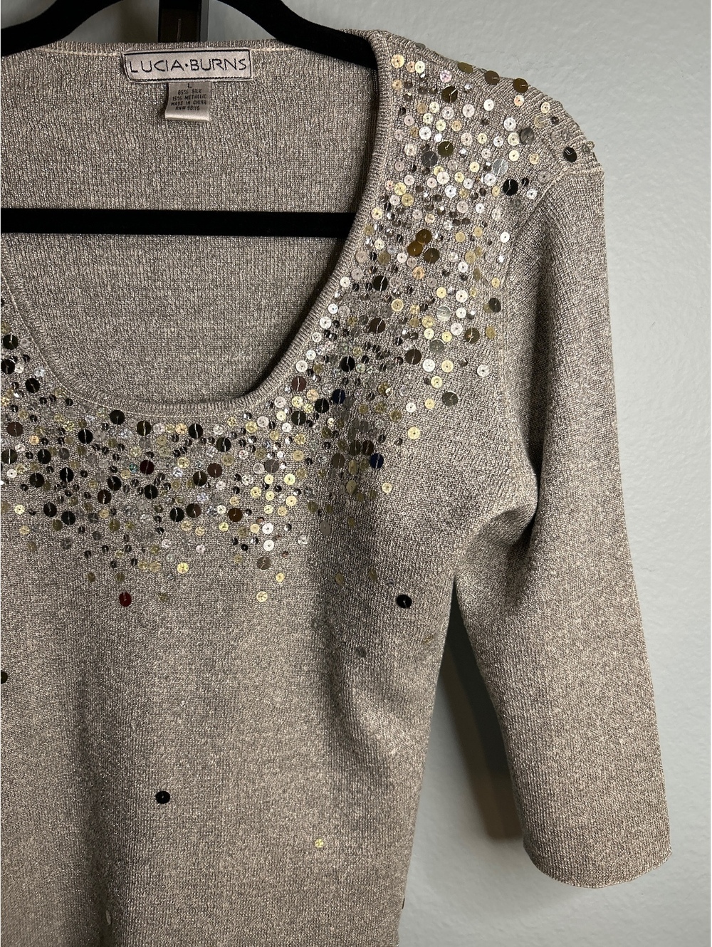 Lucia Burns Silver Sequin Embellished Silk Sweater Size L